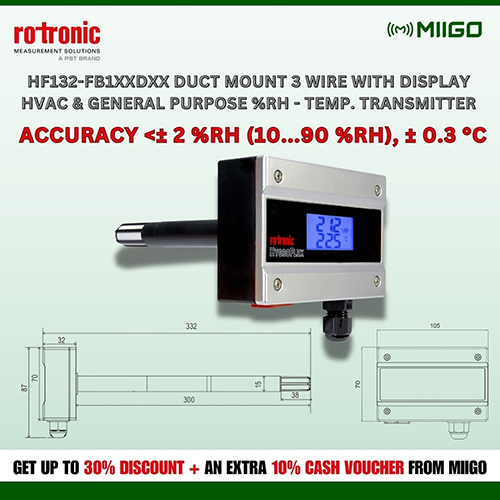 Hf132-1xxdxx Duct Mount 3 Wire With Display Hvac & General Purpose %Rh - Temp. Transmitter