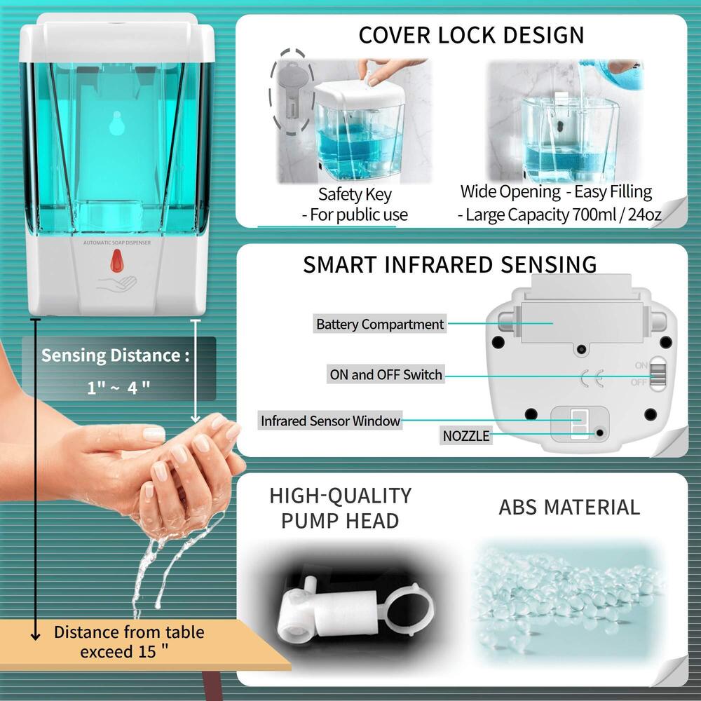 Automatic Touchless Soap Dispenser - 700ml Capacity, White Abs Material, Infrared Motion Sensor For Hospitals, Homes, Offices And Public Spaces - Non-drip, Wall Mounted, Energy Efficient Design