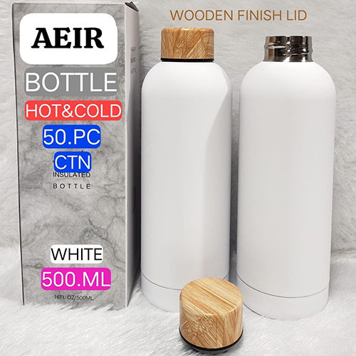 500 Ml White Hot And Cold Bottle With Wooden Finish Lid - Color: Different Available