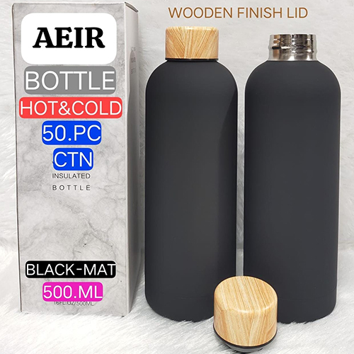 500 ML Black Mat Hot And Cold Bottle With Wooden Finish Lid