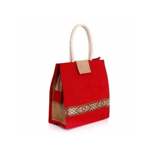 Printed Jute Lunch Bag - Color: Red