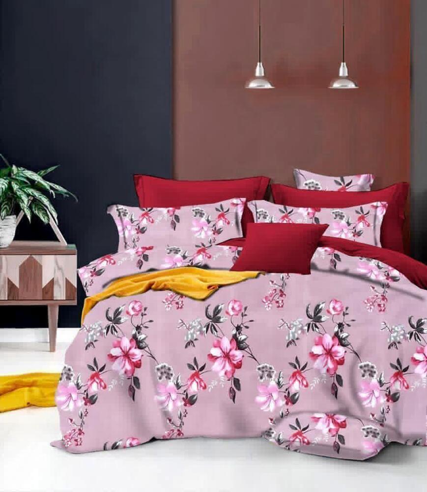 Glace Cotton Bedsheet - 90x100 Queen Size, Pink Floral Design | Soft, Durable, Machine-Made with 200 Thread Count, Quick-Dry Lightweight Set