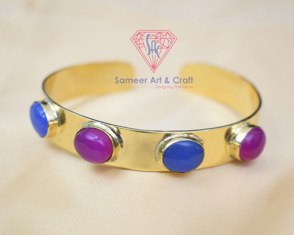 Brass With 18K Gold Plated Natural Gemstone Handmade Adjustable Fashion Bangle