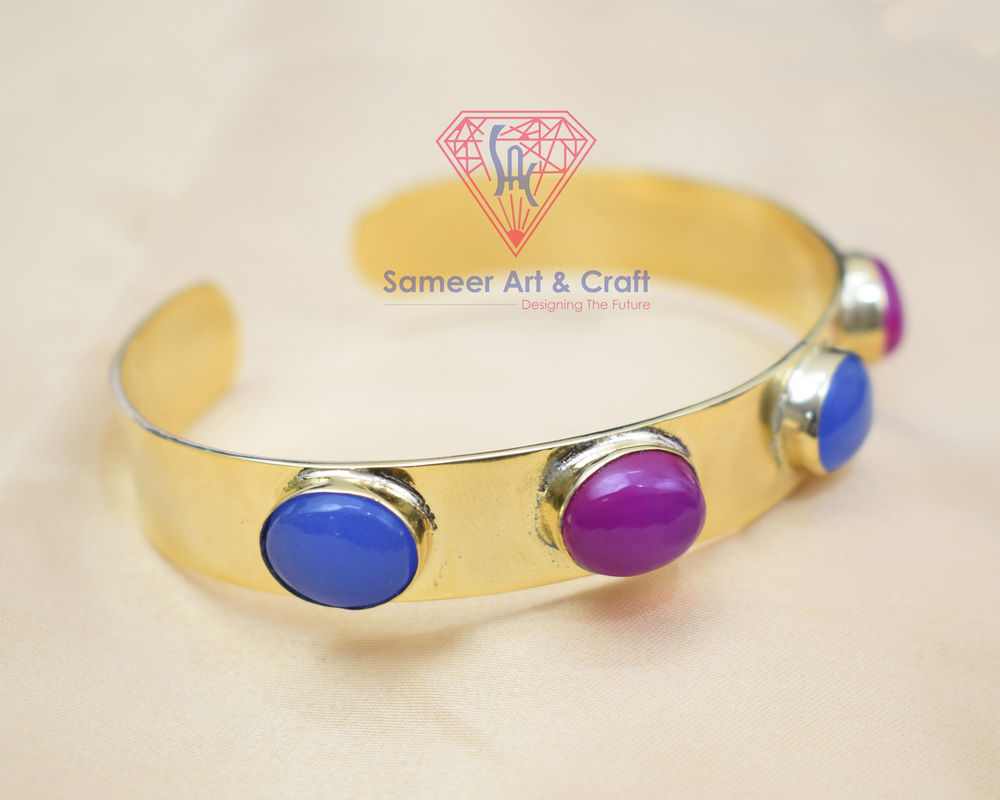 Brass With 18K Gold Plated Natural Gemstone Handmade Adjustable Fashion Bangle