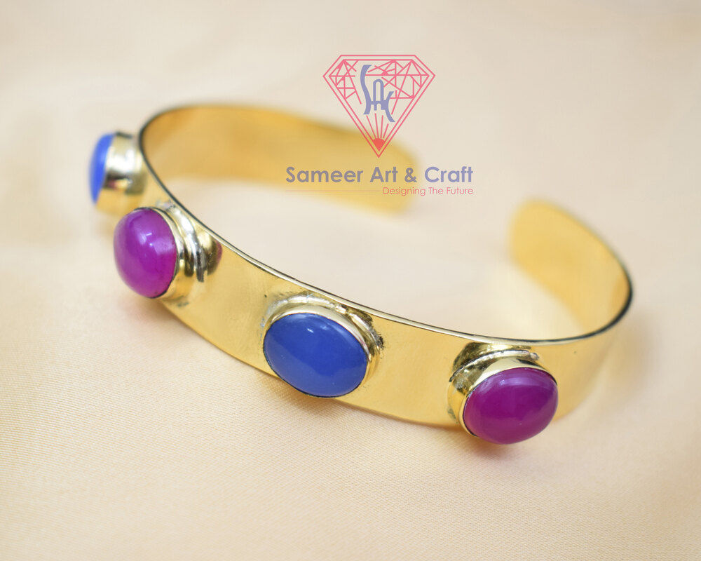 Brass With 18K Gold Plated Natural Gemstone Handmade Adjustable Fashion Bangle