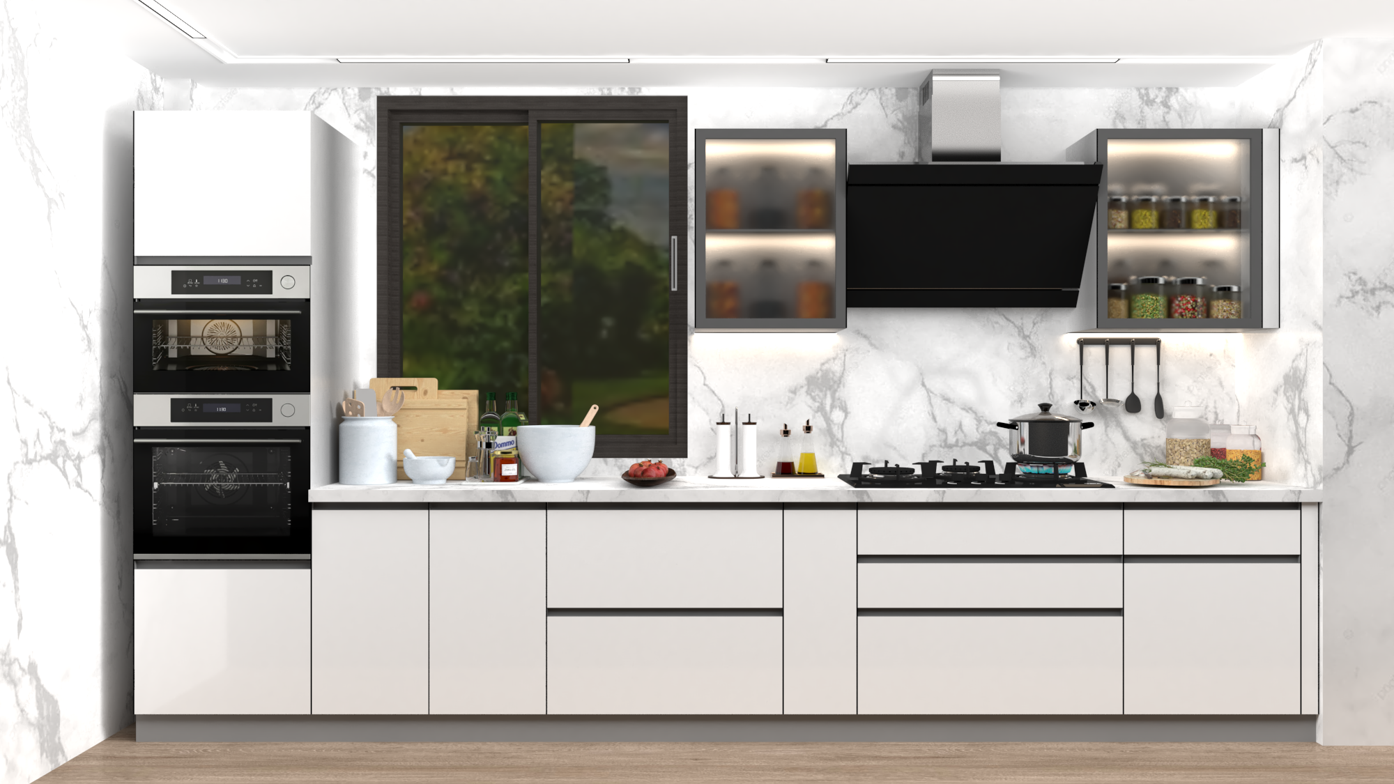 L Shaped Modular Kitchen With Breakfast Counter - Color: White