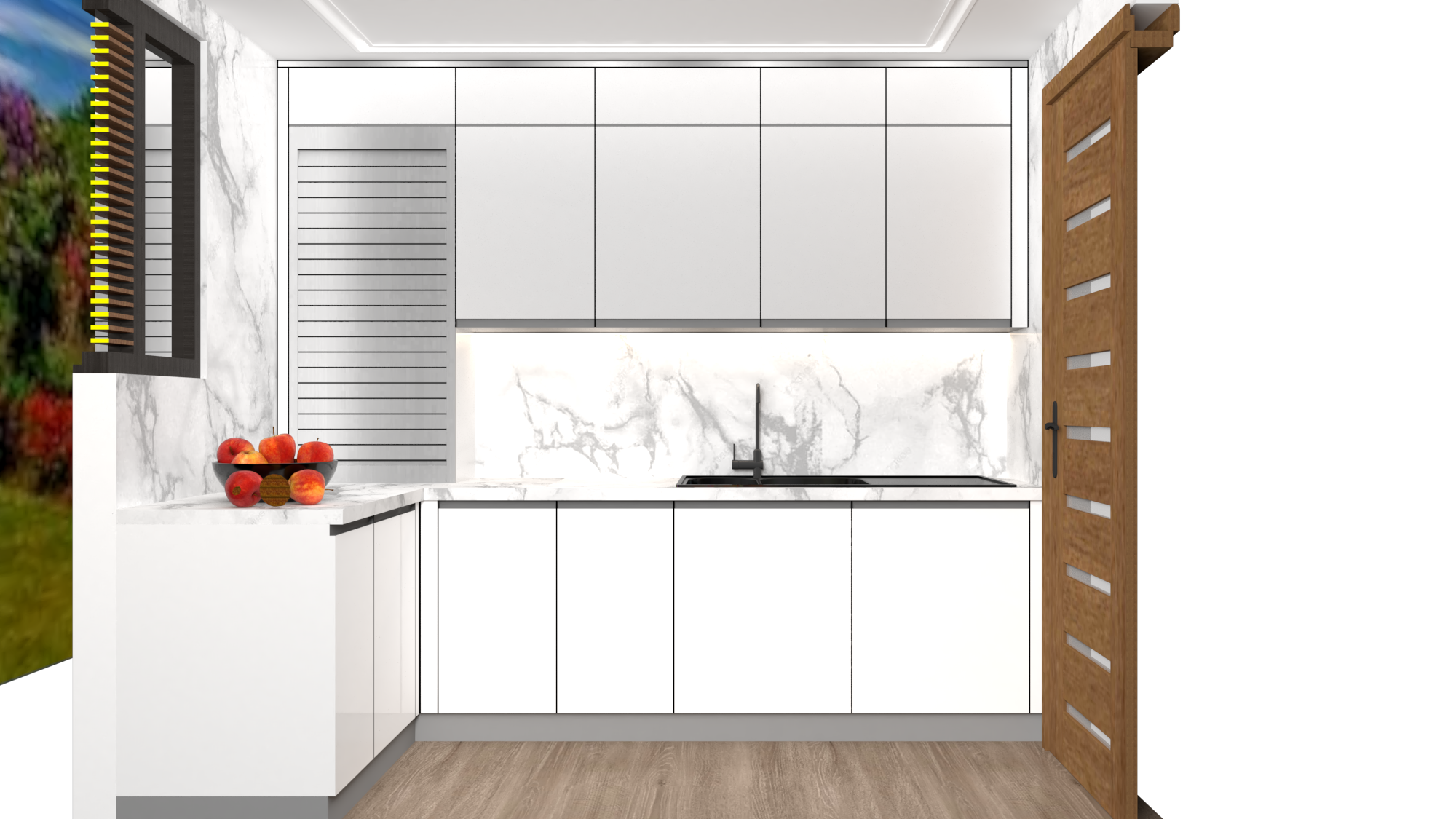 L Shaped Modular Kitchen With Breakfast Counter - Color: White