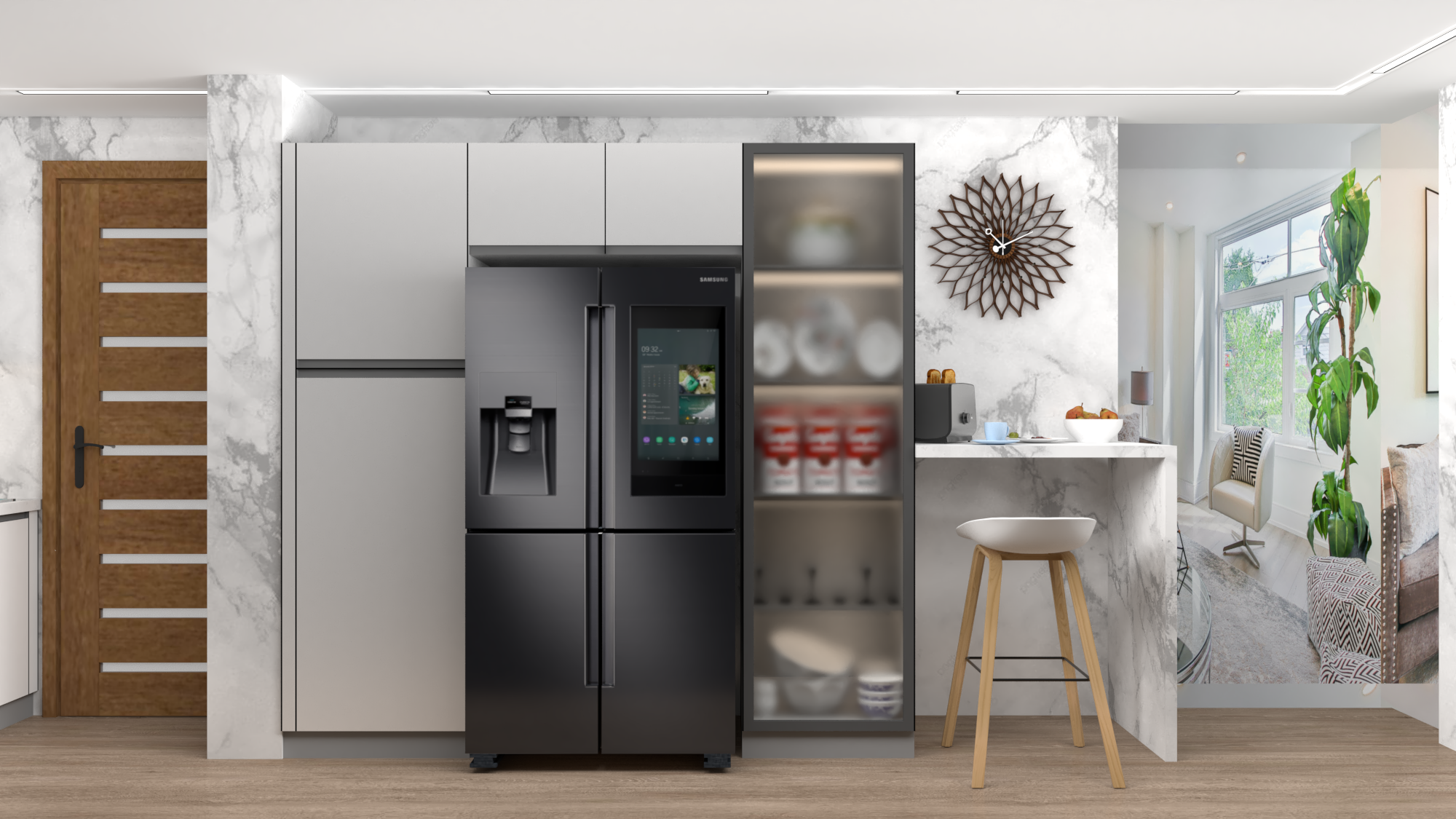 L Shaped Modular Kitchen With Breakfast Counter - Color: White