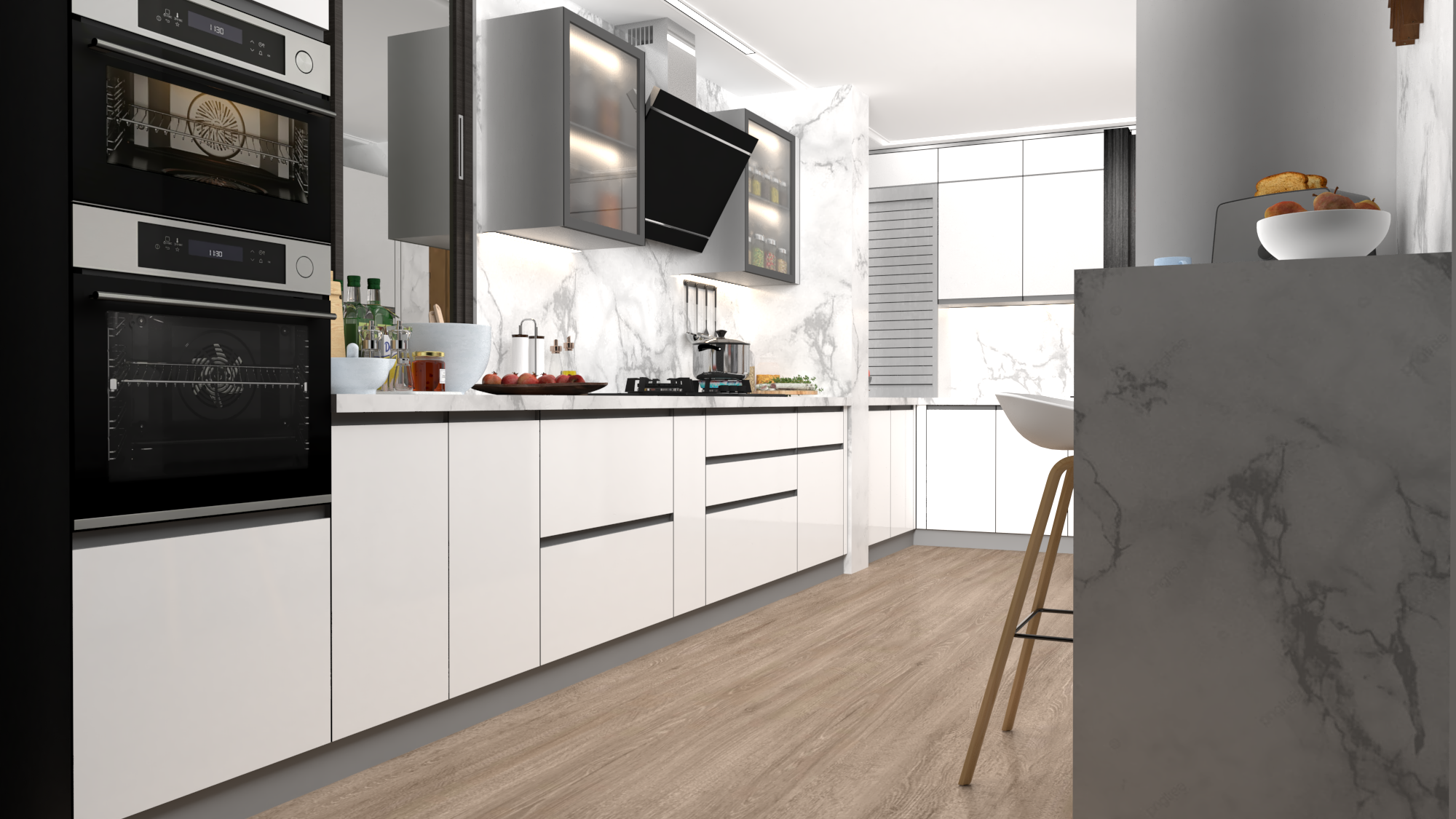 L Shaped Modular Kitchen with Breakfast Counter