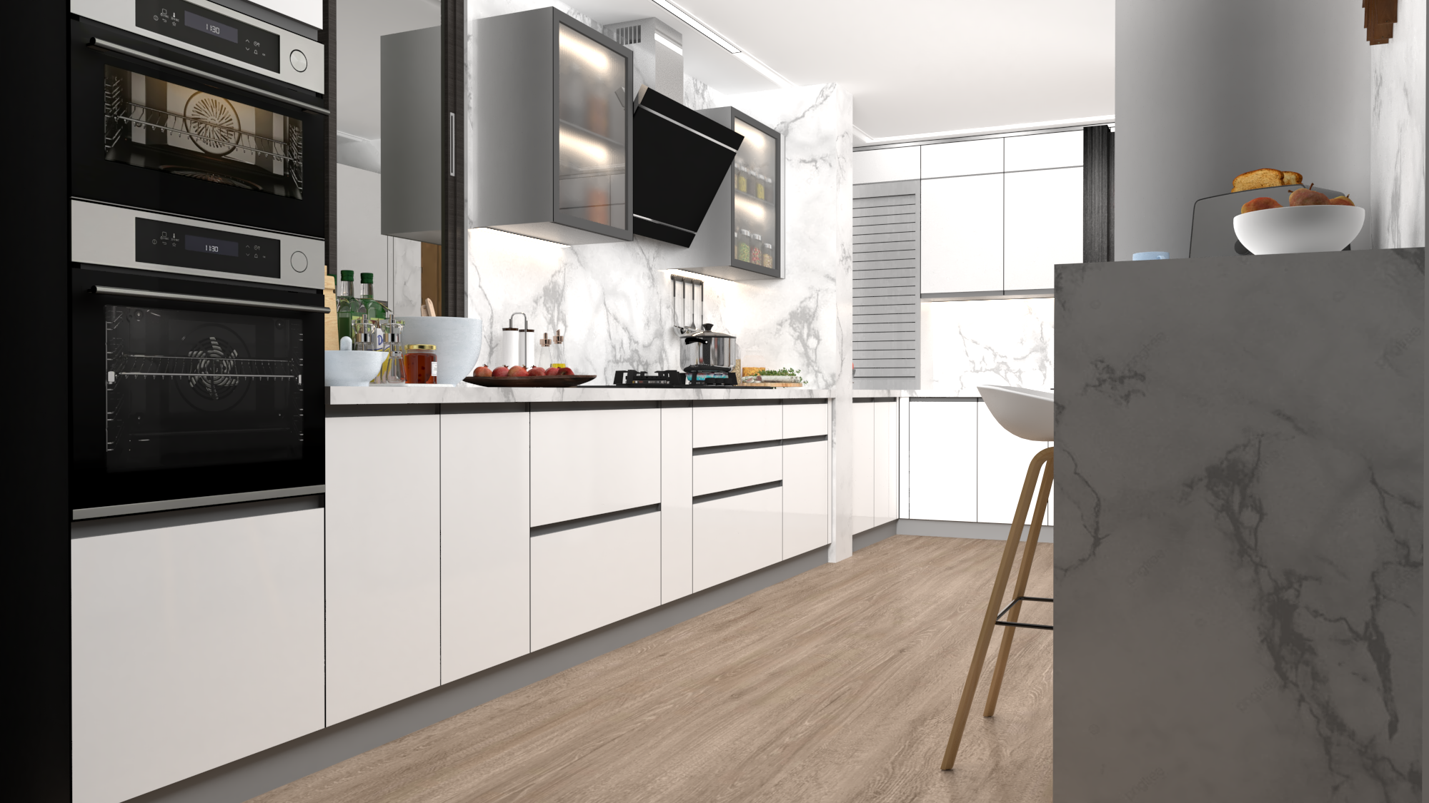 L Shaped Modular Kitchen With Breakfast Counter - Color: White