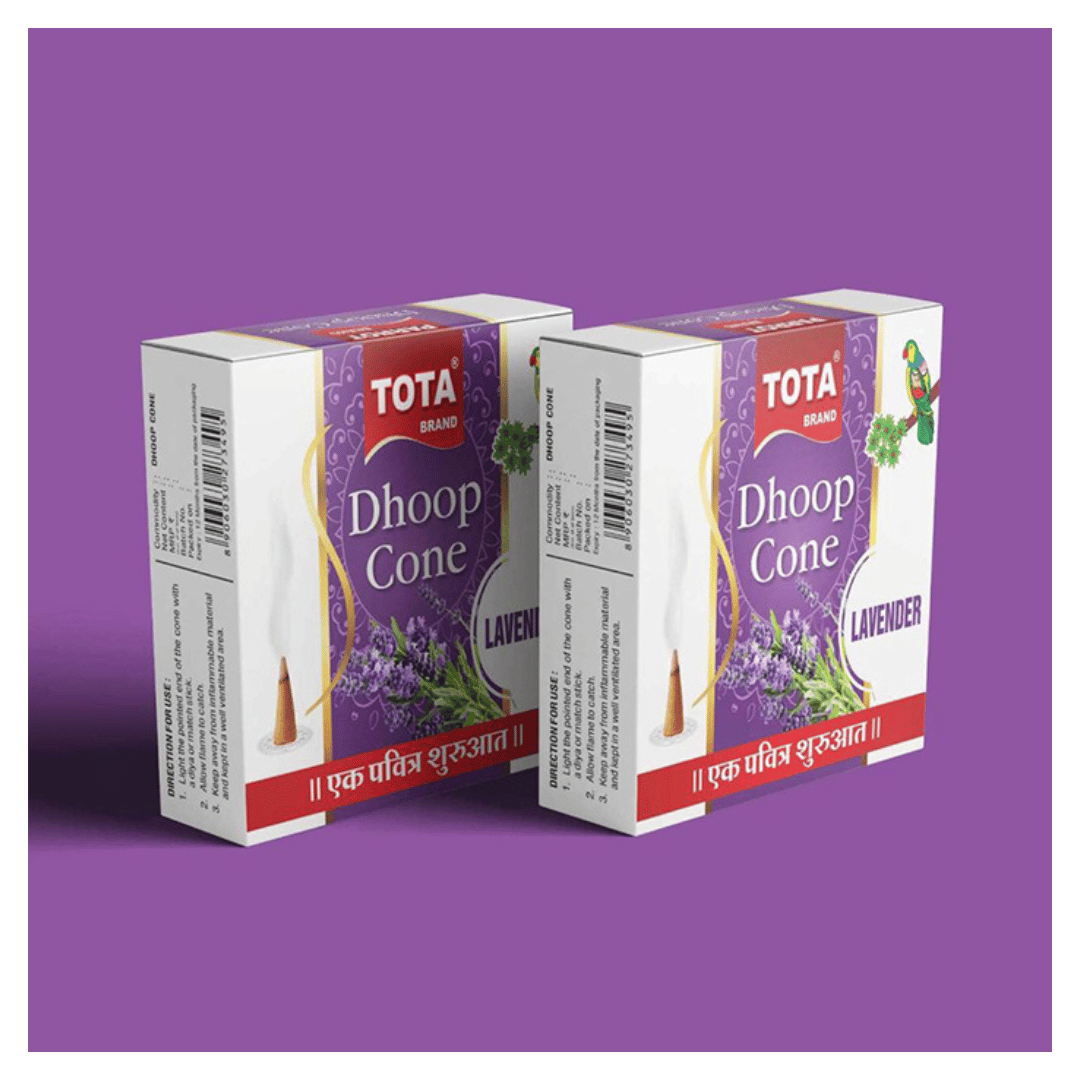 Tota Dhoop Cone - 12 Pack Herbal Dhoop Cones | Eco-friendly Temple-themed Long Lasting Lavender Mogra Rose & Chandan Aromas