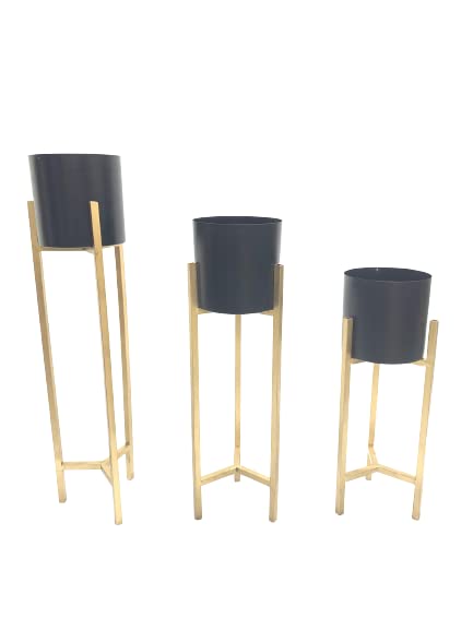 Iron Metal Planter Set Of 3 Black & Gold - Dimensions: 45  Centimeter (Cm)