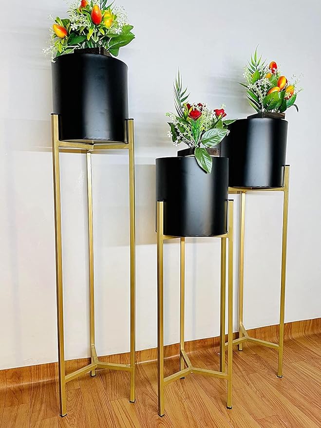 Iron Metal Planter Set of 3 Black & Gold