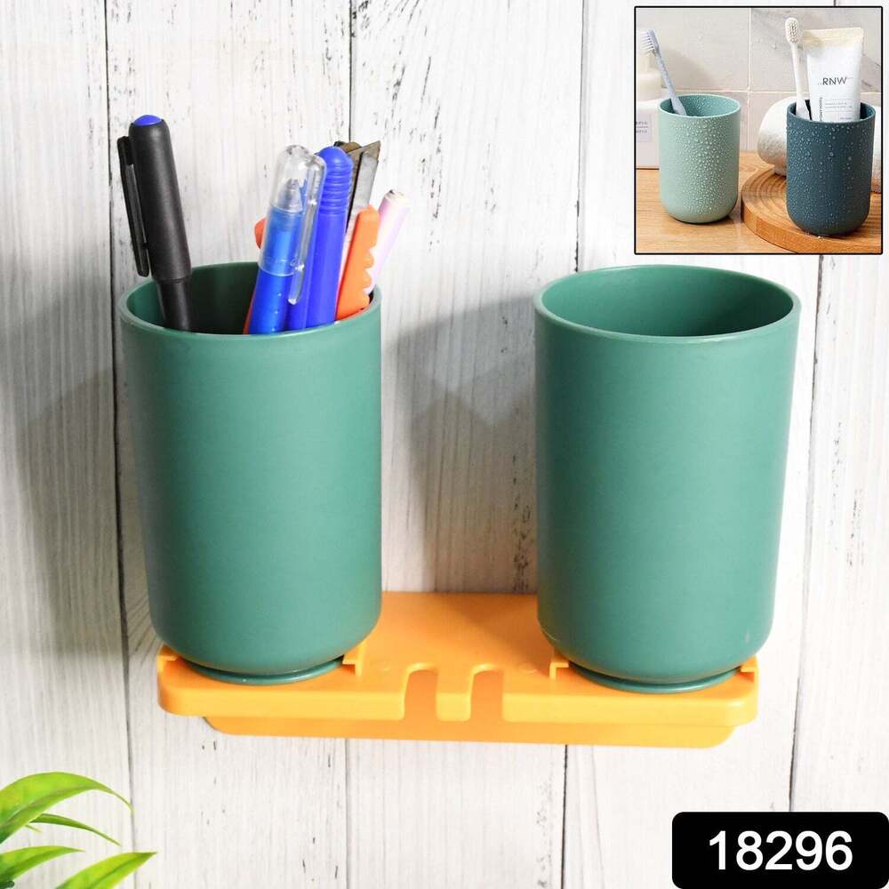 Multipurpose Wall Mount Toothbrush Holder Plastic Stand With 2 Cups