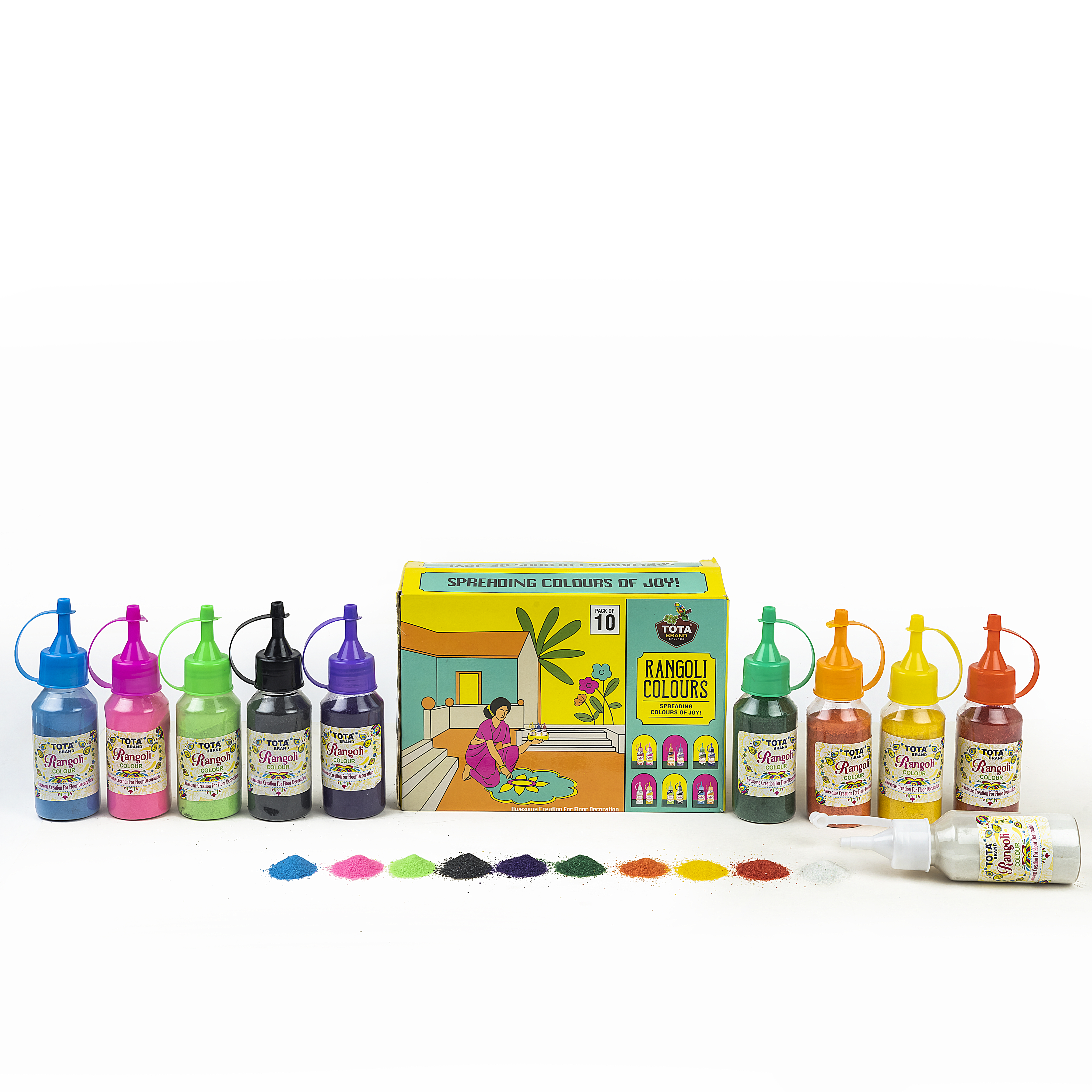 Tota Squeeze Me Rangoli - 1kg Multicolor Powder (10 Bottles X 100g) , Eco-friendly, Skin-friendly, Non-toxic For Holi Decoration