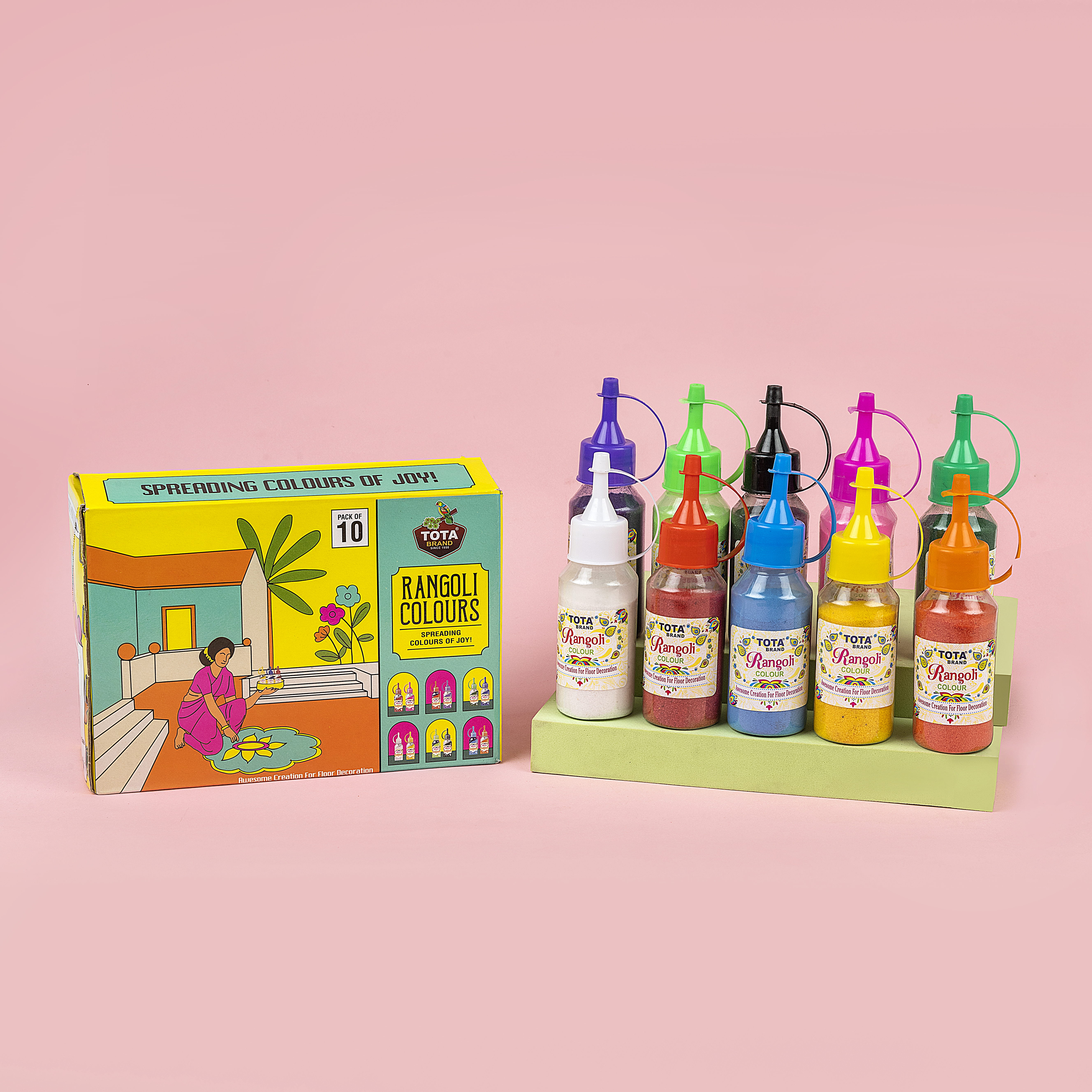 Tota Squeeze Me Rangoli - 1kg Multicolor Powder (10 Bottles X 100g) , Eco-friendly, Skin-friendly, Non-toxic For Holi Decoration