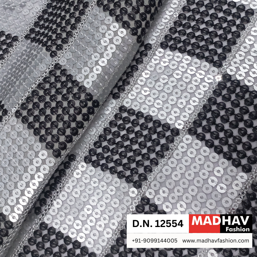 Luxury Black & White Sequins Embroidery Fabric For Festive Wear And Party Dresses