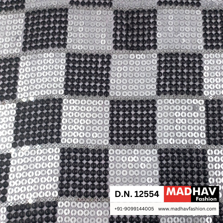 Luxury Black & White Sequins Embroidery Fabric For Festive Wear And Party Dresses