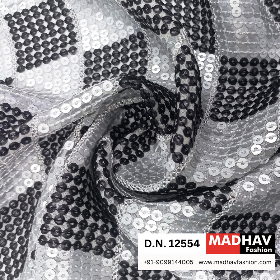 Luxury Black & White Sequins Embroidery Fabric For Festive Wear And Party Dresses