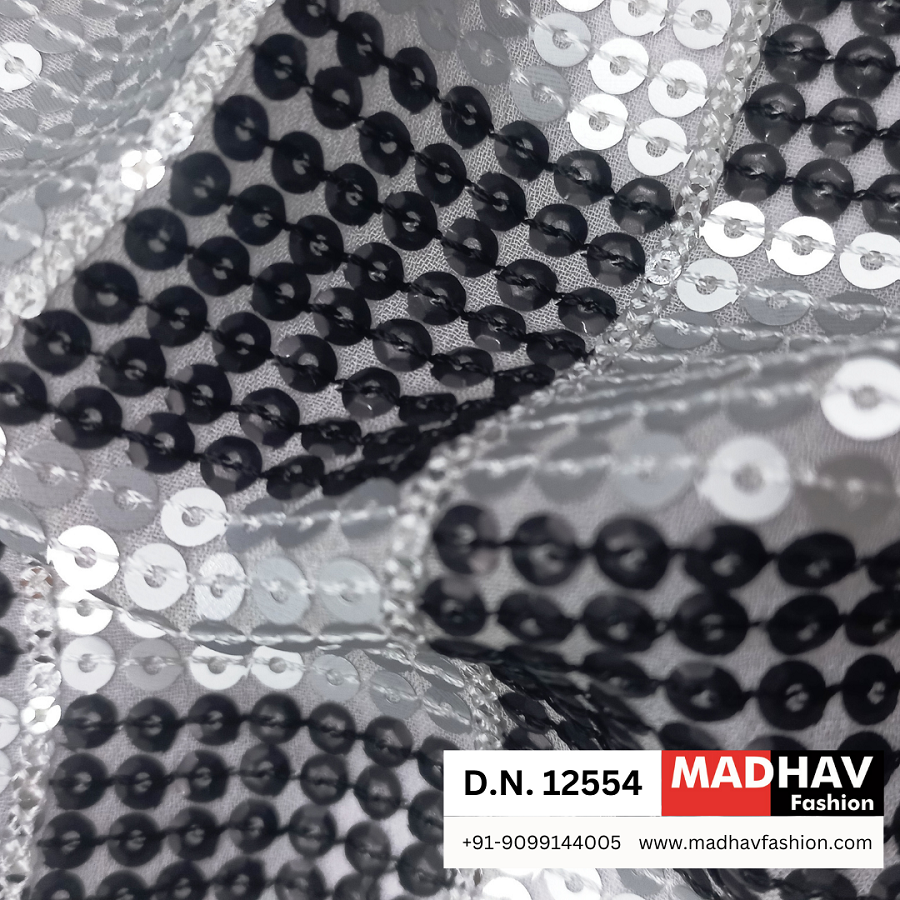 Luxury Black & White Sequins Embroidery Fabric For Festive Wear And Party Dresses