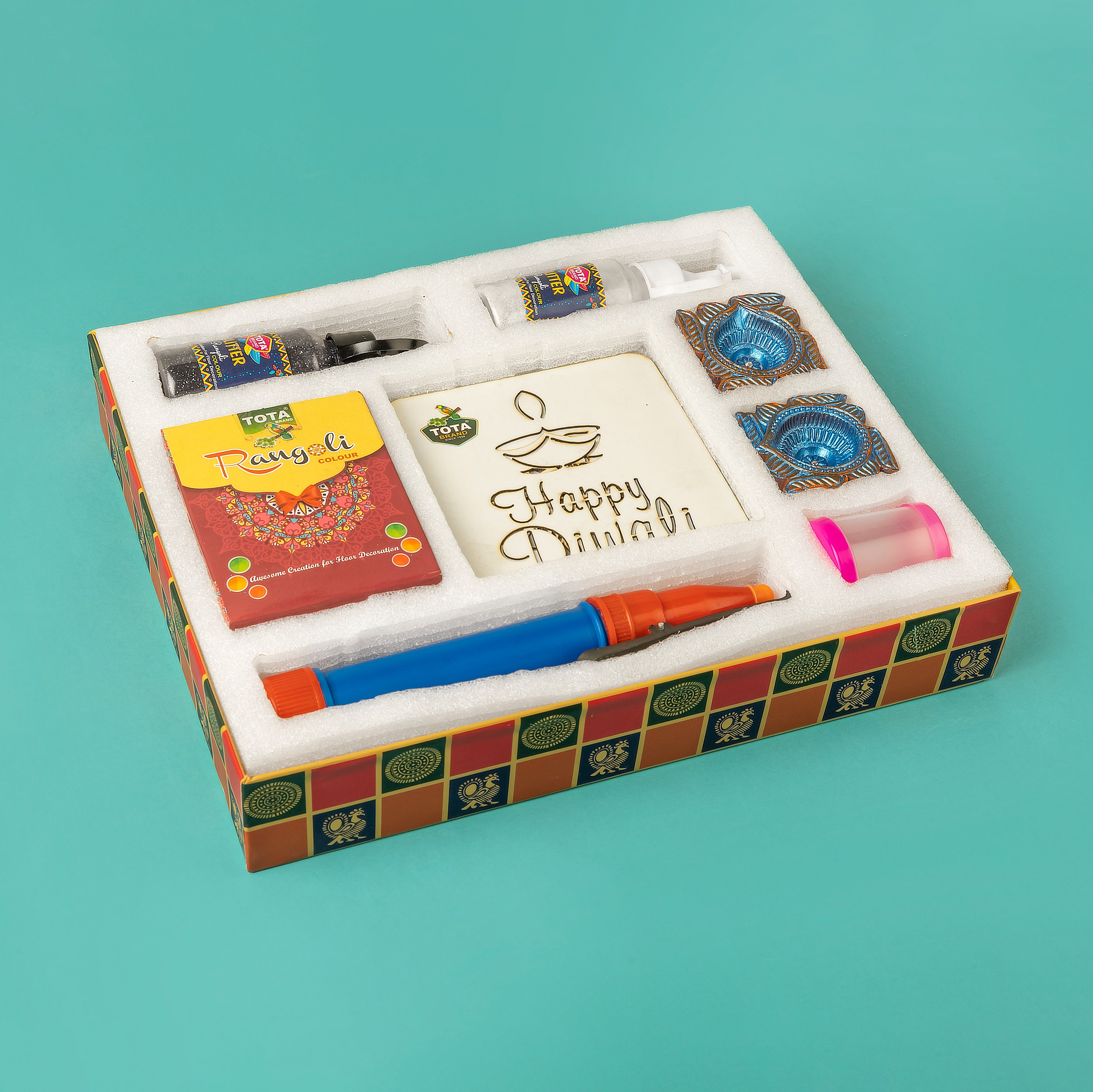 Tota Celebration Rangoli Gift Pack - 10 Mdf Stencils, Multicolor Rangoli Powder, Glitter Bottles & Decorative Diyas | Eco-friendly, Skin-friendly, Perfect For Holi