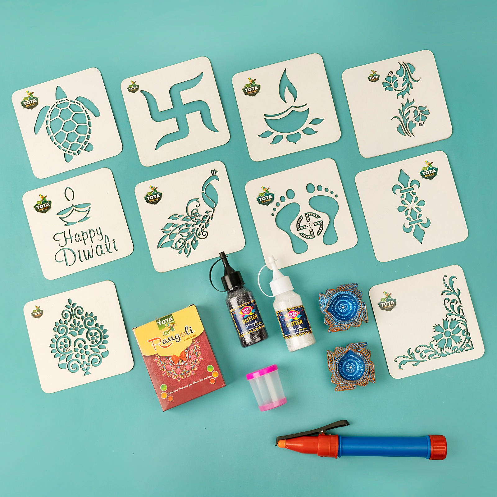 Tota Celebration Rangoli Gift Pack - 10 Mdf Stencils, Multicolor Rangoli Powder, Glitter Bottles & Decorative Diyas | Eco-friendly, Skin-friendly, Perfect For Holi