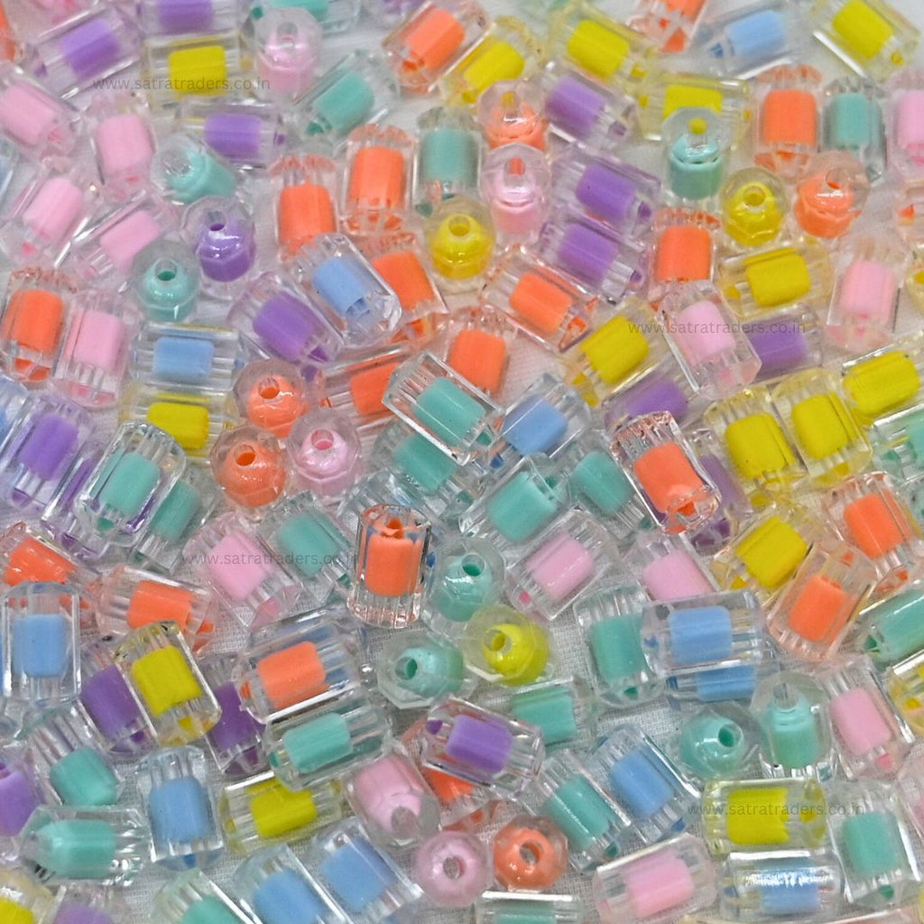 Assorted Cylinder Transparent Pastel Plastic Beads | Size : 12mm | 100g