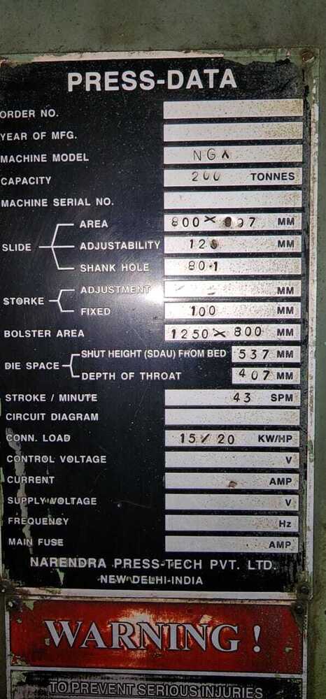 200 Ton Pneumatic Press - Narendra Make
