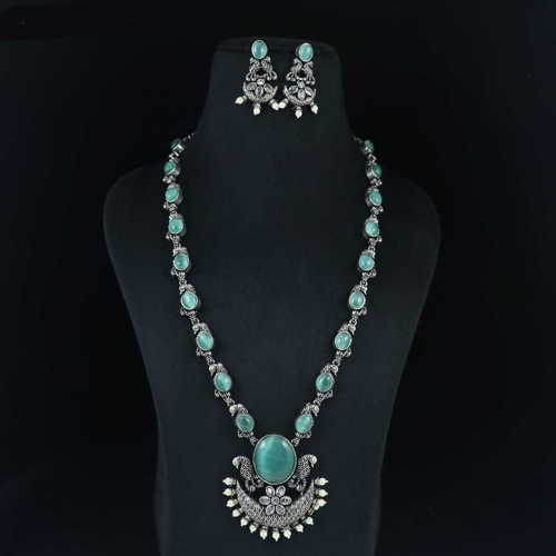 D No 288 Ladies Oxidised Necklace Set - Color: Sky Blue & Silver