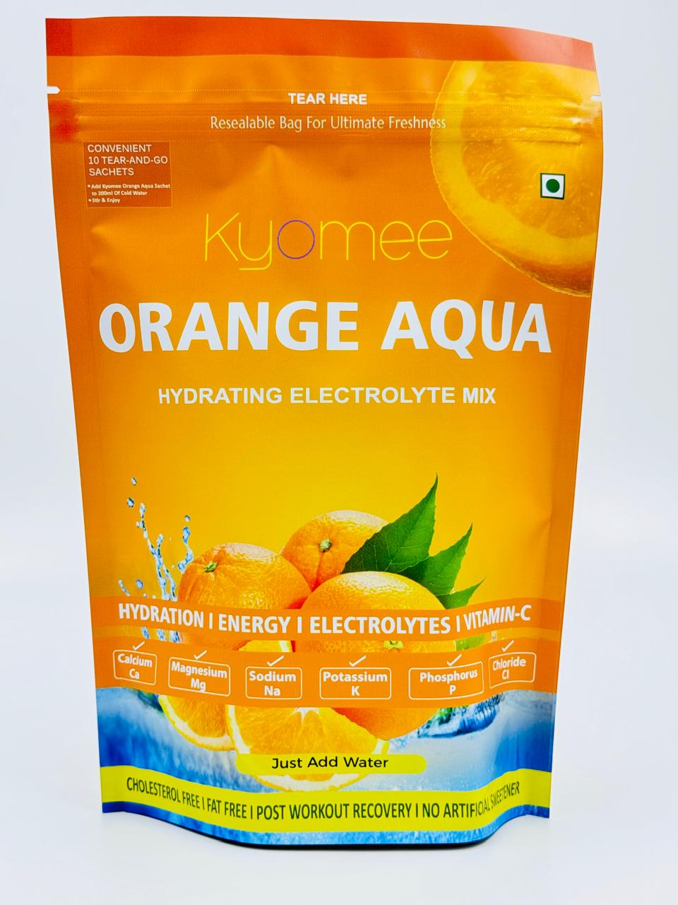 Kyomee Orange Aqua - Non-caffeine Hydration Drink, 5 Essential Electrolytes & Vitamin C | Sweet Orange Flavor, Preservative Free, 12 Months Shelf Life