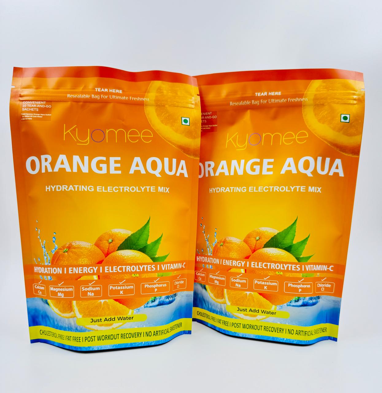 Kyomee Orange Aqua - Non-caffeine Hydration Drink, 5 Essential Electrolytes & Vitamin C | Sweet Orange Flavor, Preservative Free, 12 Months Shelf Life