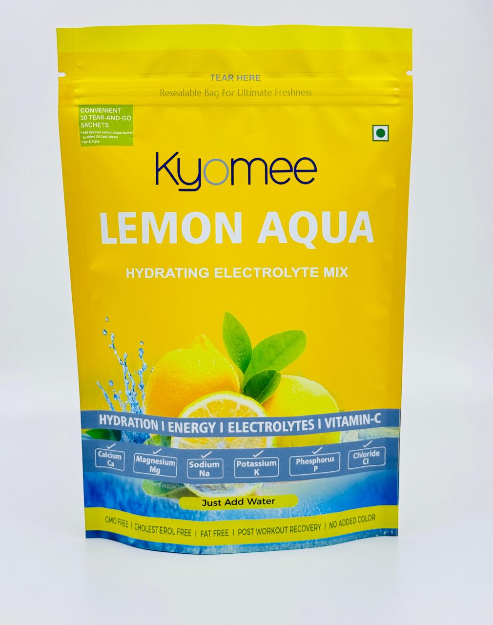 Kyomee Lemon Aqua - Non-caffeine Energy Drink | Hydration Drink With 5 Essential Electrolytes & Vitamin C, Preservative Free, Sweet Lemon Flavor