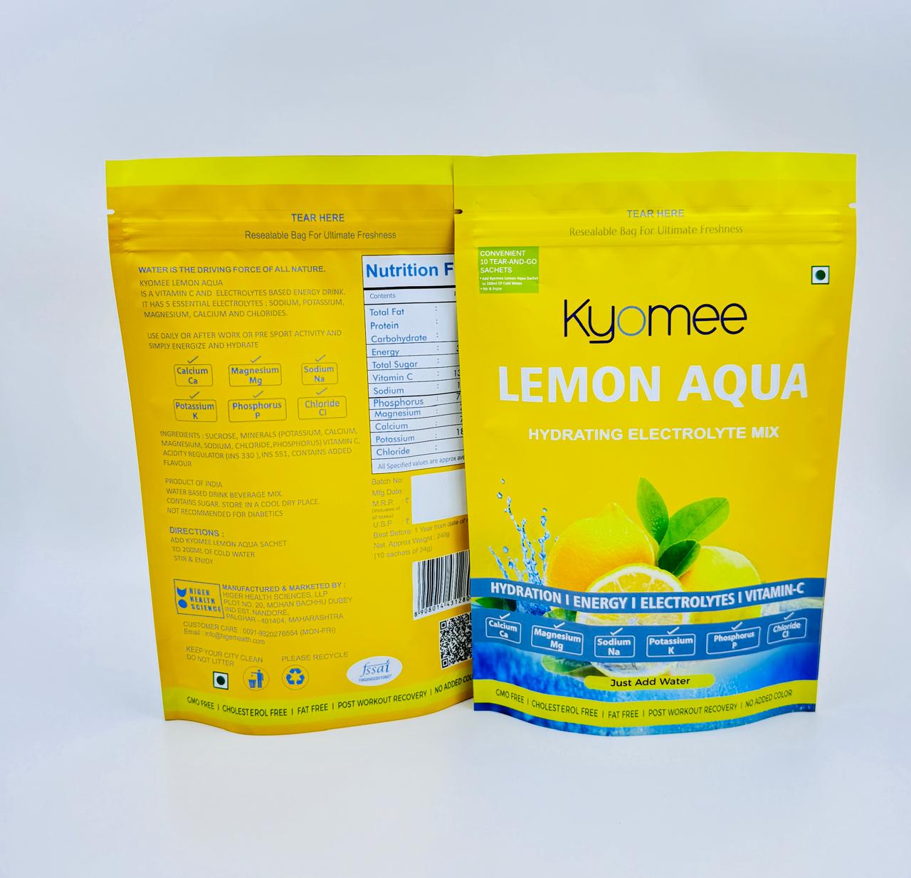 Kyomee Lemon Aqua - Non-caffeine Energy Drink | Hydration Drink With 5 Essential Electrolytes & Vitamin C, Preservative Free, Sweet Lemon Flavor