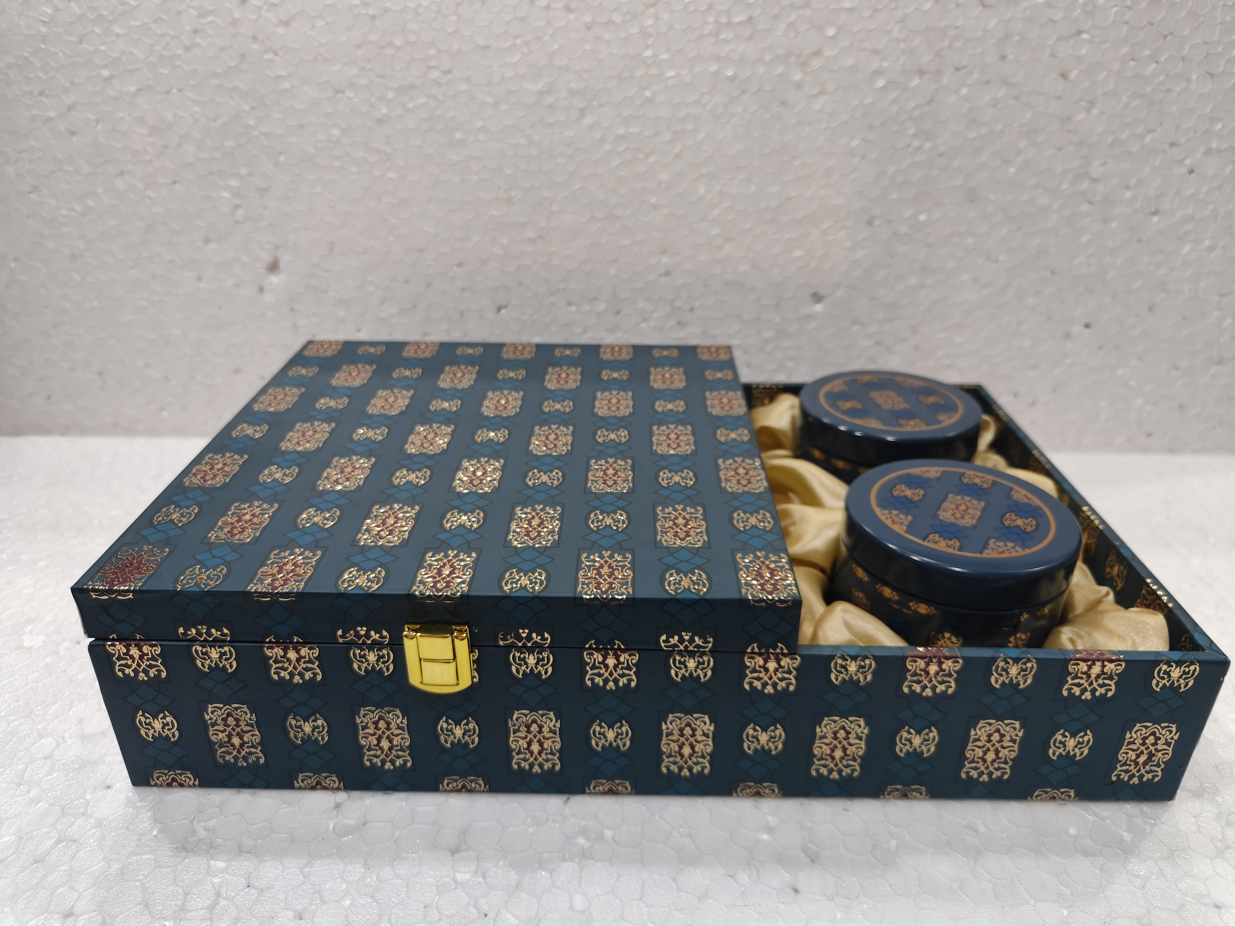 2 Jar Wedding Card Hamper - Cardboard and Metal, Medium Size, Blue and Gold | Decorative Finish, Glossy Coating, Traditional Designs