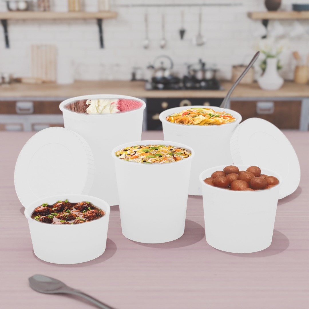 900 Ml Paper Food Container - 300 Gsm, White Color | Microwave Safe, Leak Proof, Recyclable For Frozen & Hot Food