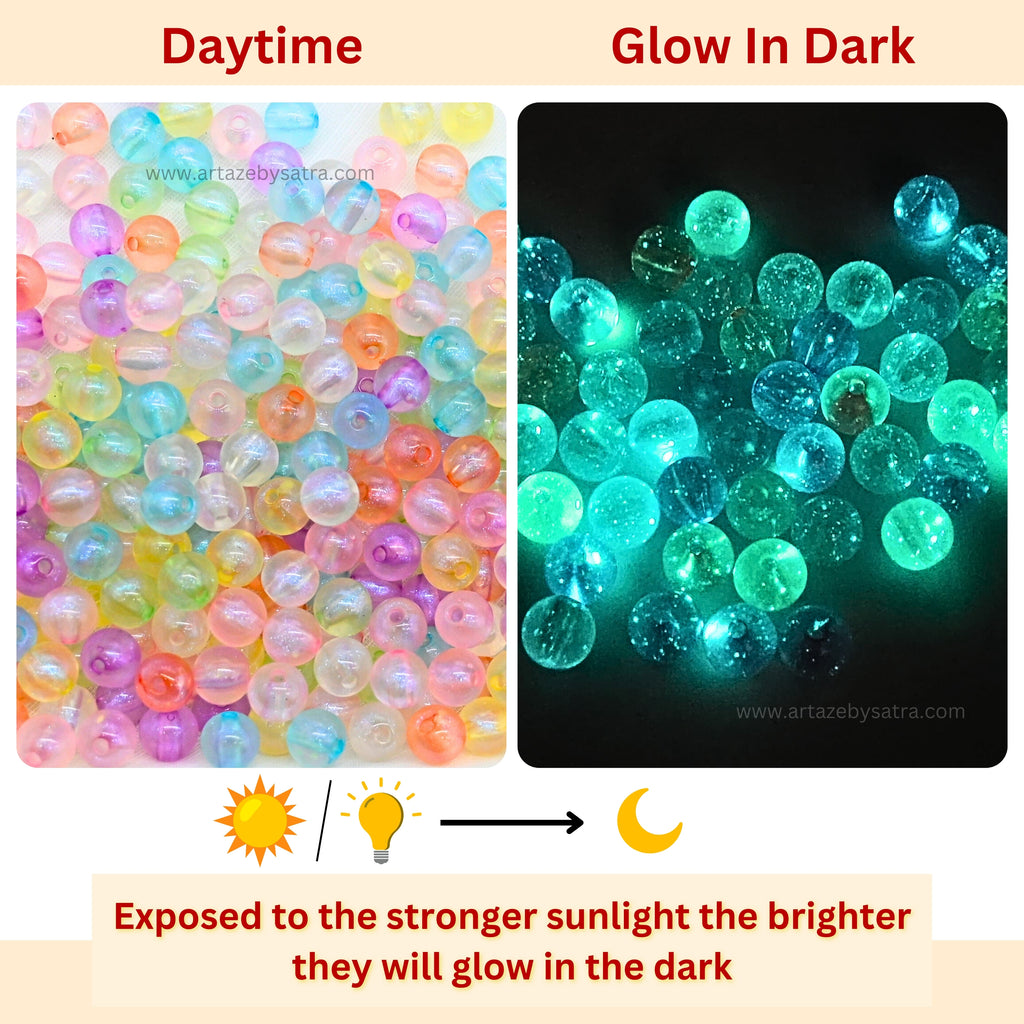 Assorted Transparent Round Glow In Dark Plastic Beads - Size: 6mm, 8mm | Content: 100g, Versatile Crafting Material, Soft Luminescence