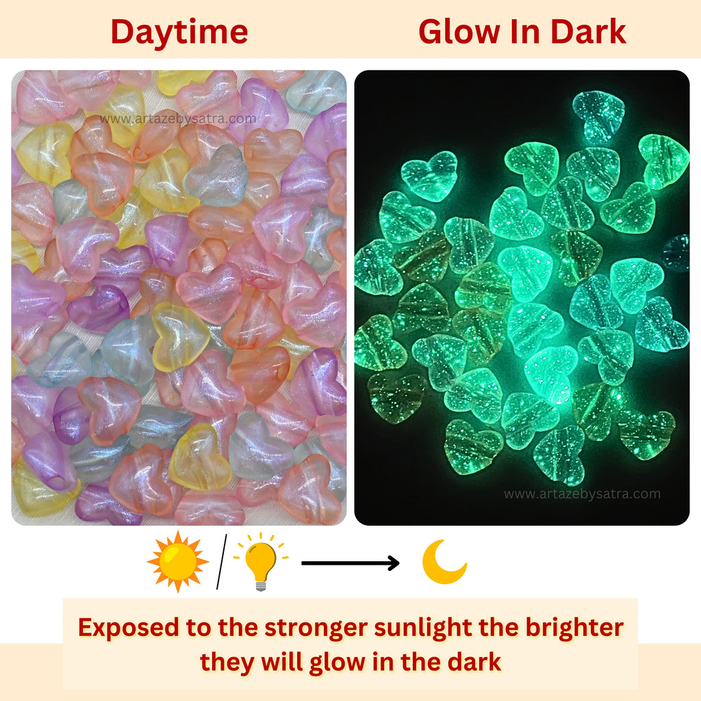 Assorted Transparent Heart Glow In Dark Plastic Beads - 14mm Size, 100g Pack For Crafting And Diy Projects