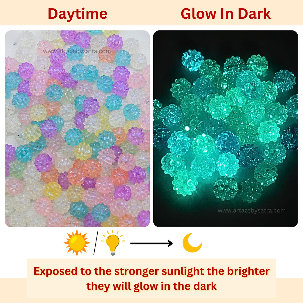 Assorted Transparent Designer Ball Glow In Dark Plastic Beads - Size: 11mm | 100g Assortment Of Vibrant, Glow-in-the-dark Colors, Enhances Crafting Projects