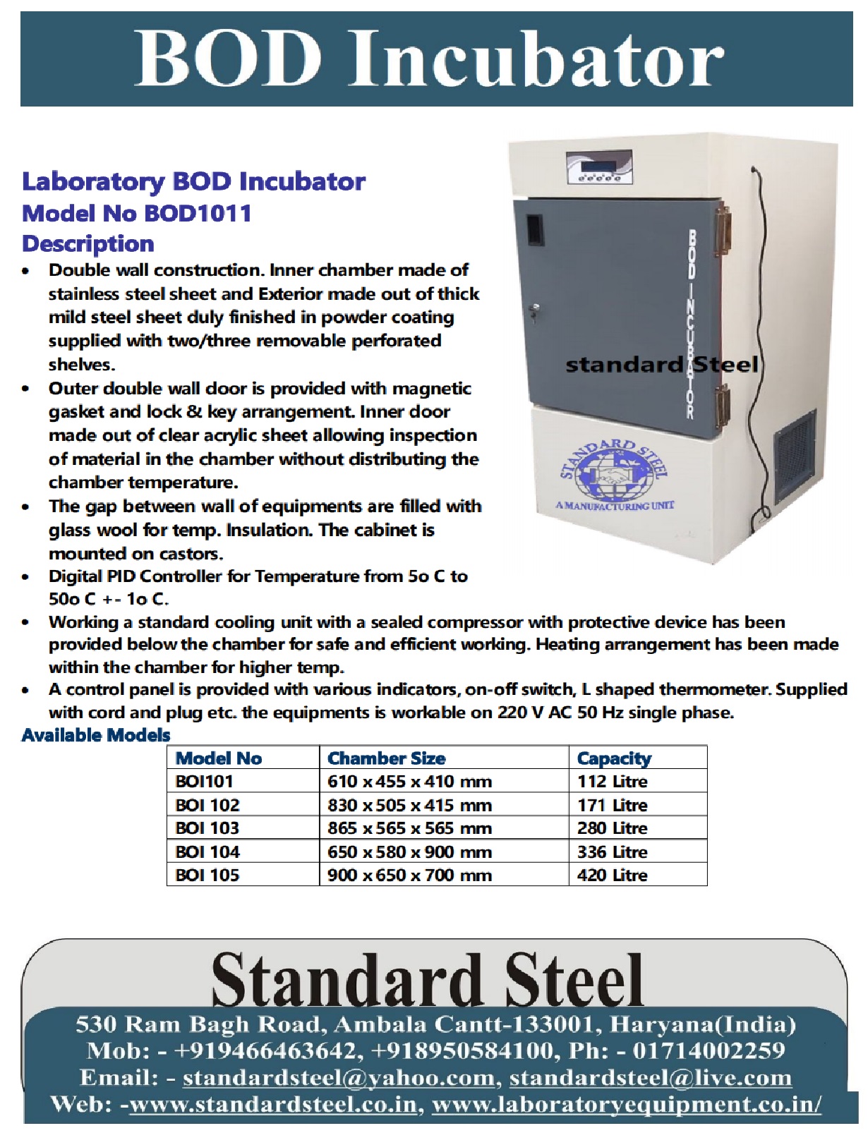 Laboratory Bod Incubator - Stainless Steel, 610x455x410 Mm, White Enamel Finish | Double Wall Design, Magnetic Door Seal, Temperature Range 5â°c To 50â°c