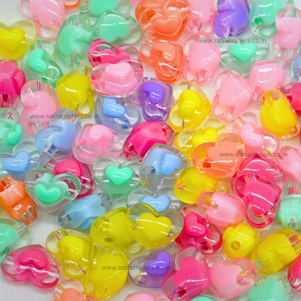 Assorted Heart Transparent Pastel Plastic Beads | Size : 17MM | 100g