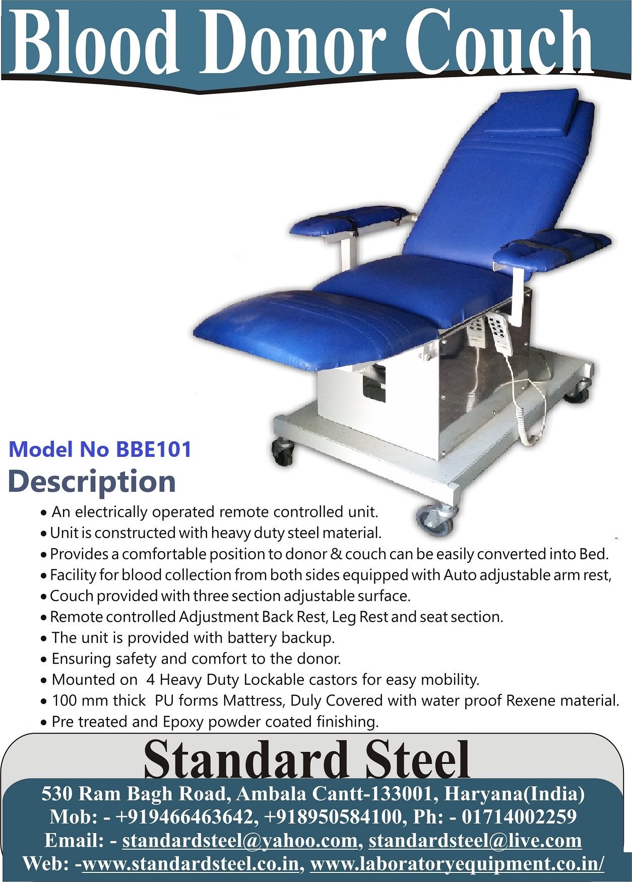 Automatic Blood Donor Couch remote controlled