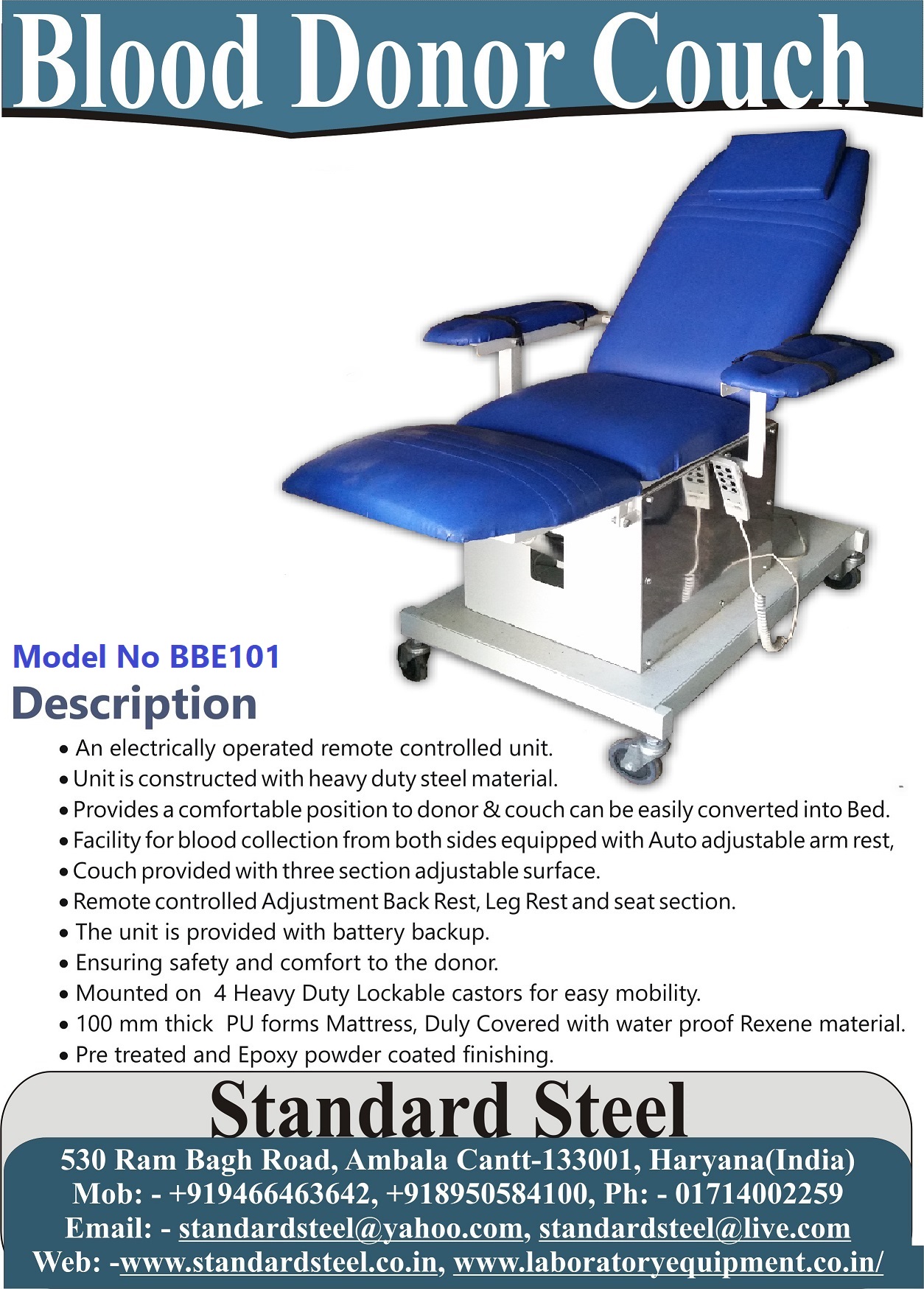 Automatic Blood Donor Couch remote controlled