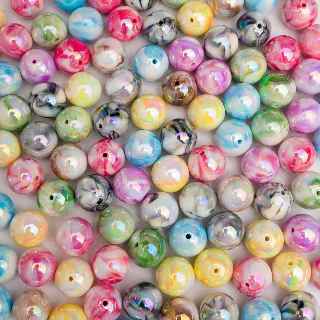 Assorted Rainbow Round Marble Plastic Beads | Size: 15mm | Qty: 12pcs (High Quality)