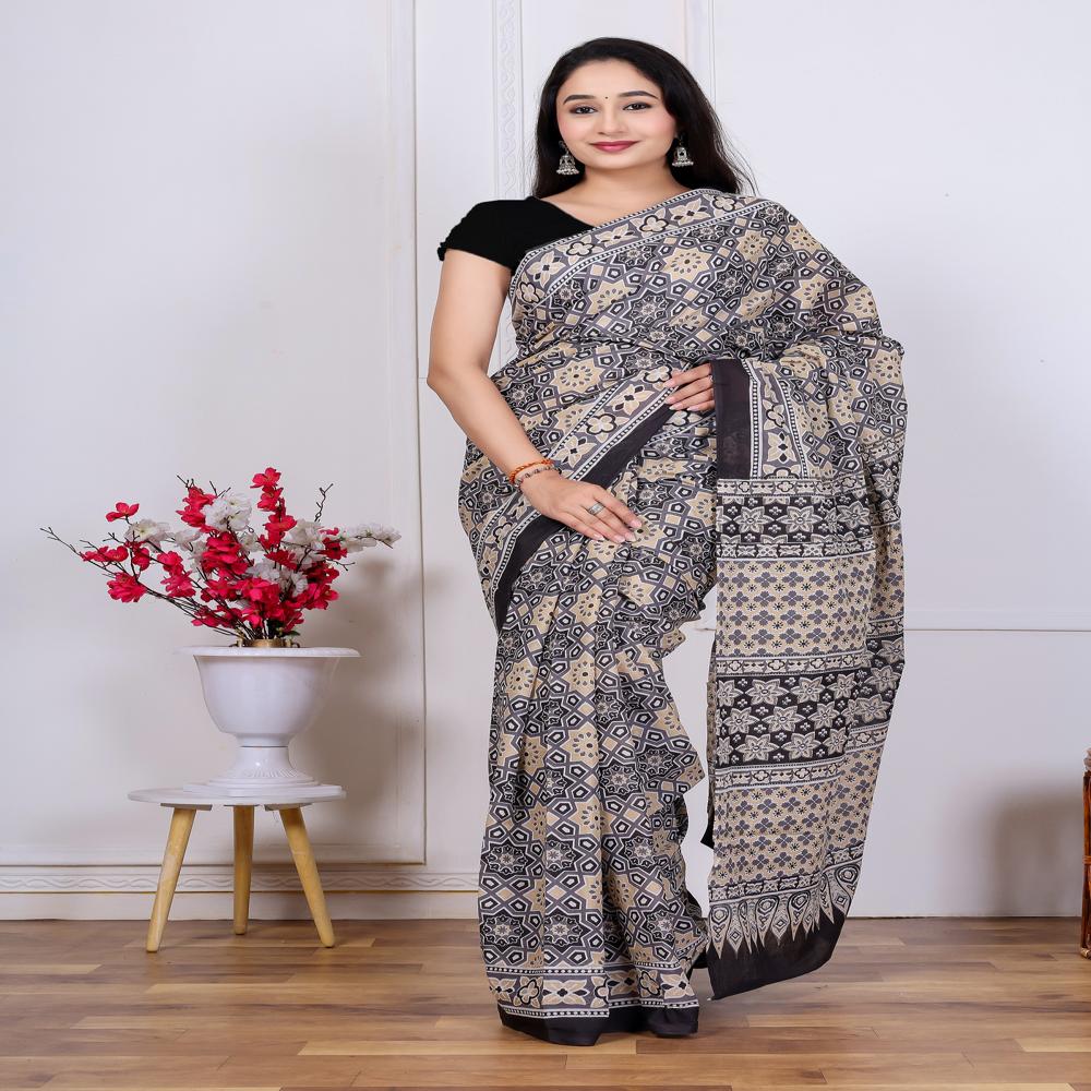 Printed Mul Mul Cotton Saree - Color: As Per Your Requirement.
