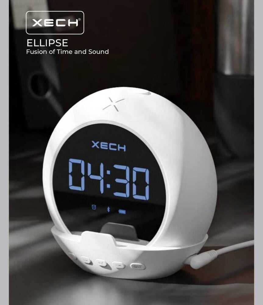 Table Clock - Plastic, Compact Size, Glossy White Finish | Digital Display With Fusion Of Time And Sound, Elliptical Tabletop Design