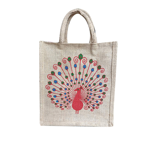 Peacock Printed Jute Bag - Color: Multicolor