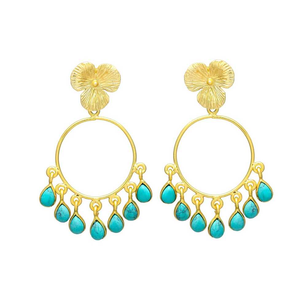 New Arrival Turquoise Teardrop Hoop Earrings with Flower Detail