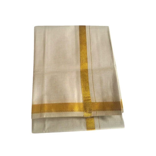 2M Men White Cotton Dhoti Gold Jari - Pattern: Plain