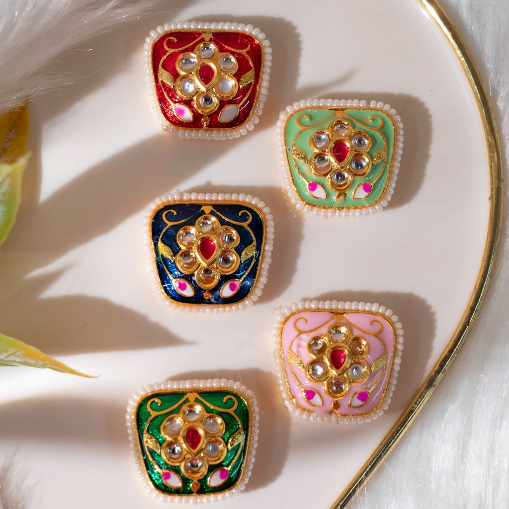 Meenakari Kundan Beads - 22mm Size | Set Of 6 Pieces In Blue, Pink, Red, Green, Mint Green - Vibrant Decorative Jewelry Components