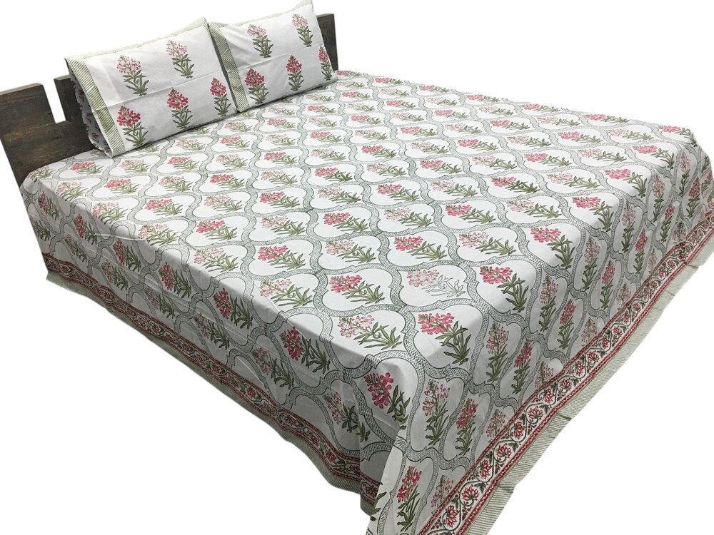 New Hand Block Percale Bedsheet In King Size - Color: Multi